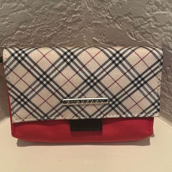 Burberry Zip Top Card Pouch Nova Check Plaid & Red Nylon Classic Preppy Luxury - Picture 1 of 12